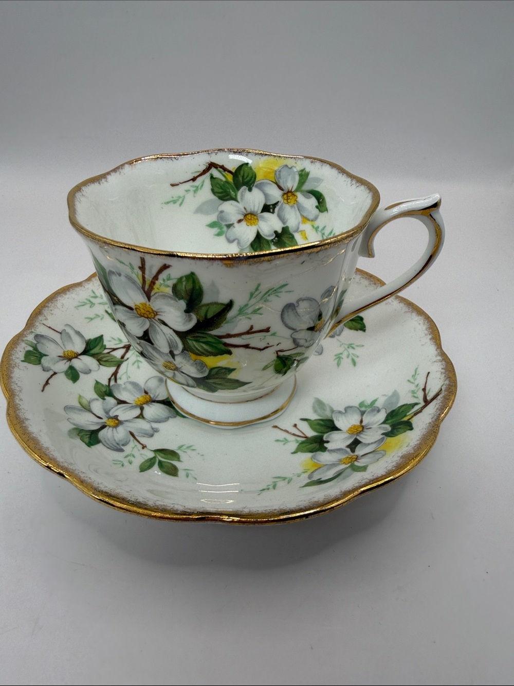 Royal Albert bone china White Dogwood Gold-Trim Teacup and Saucer